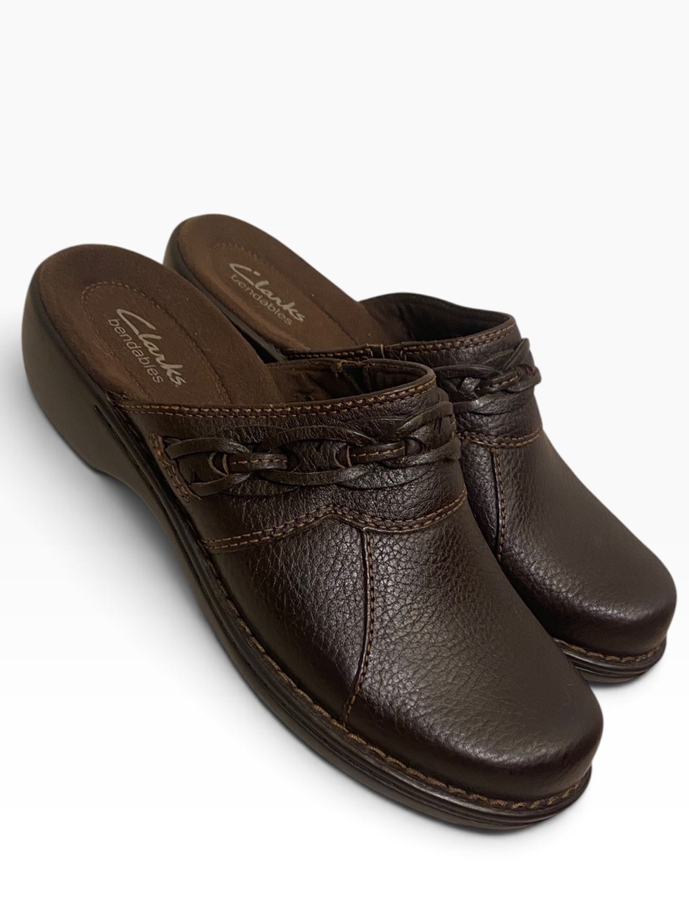 CLARKS BENDABLES COMFORT LEATHER CLOGS BROWN SLIP-ON ARCH SUPPORT SHOES SIZE 7.5